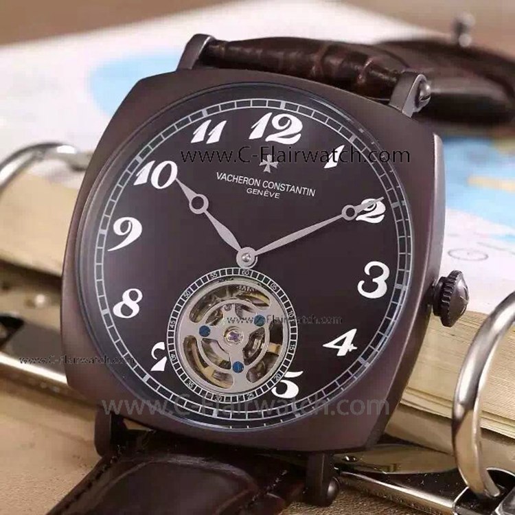 Fake Vacheron Constantin Black Case Black Dial Tourbillon Watch